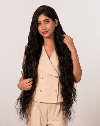A woman with very long, wavy black hair wearing a beige double-breasted vest and matching pants, posing against a light gray studio background.